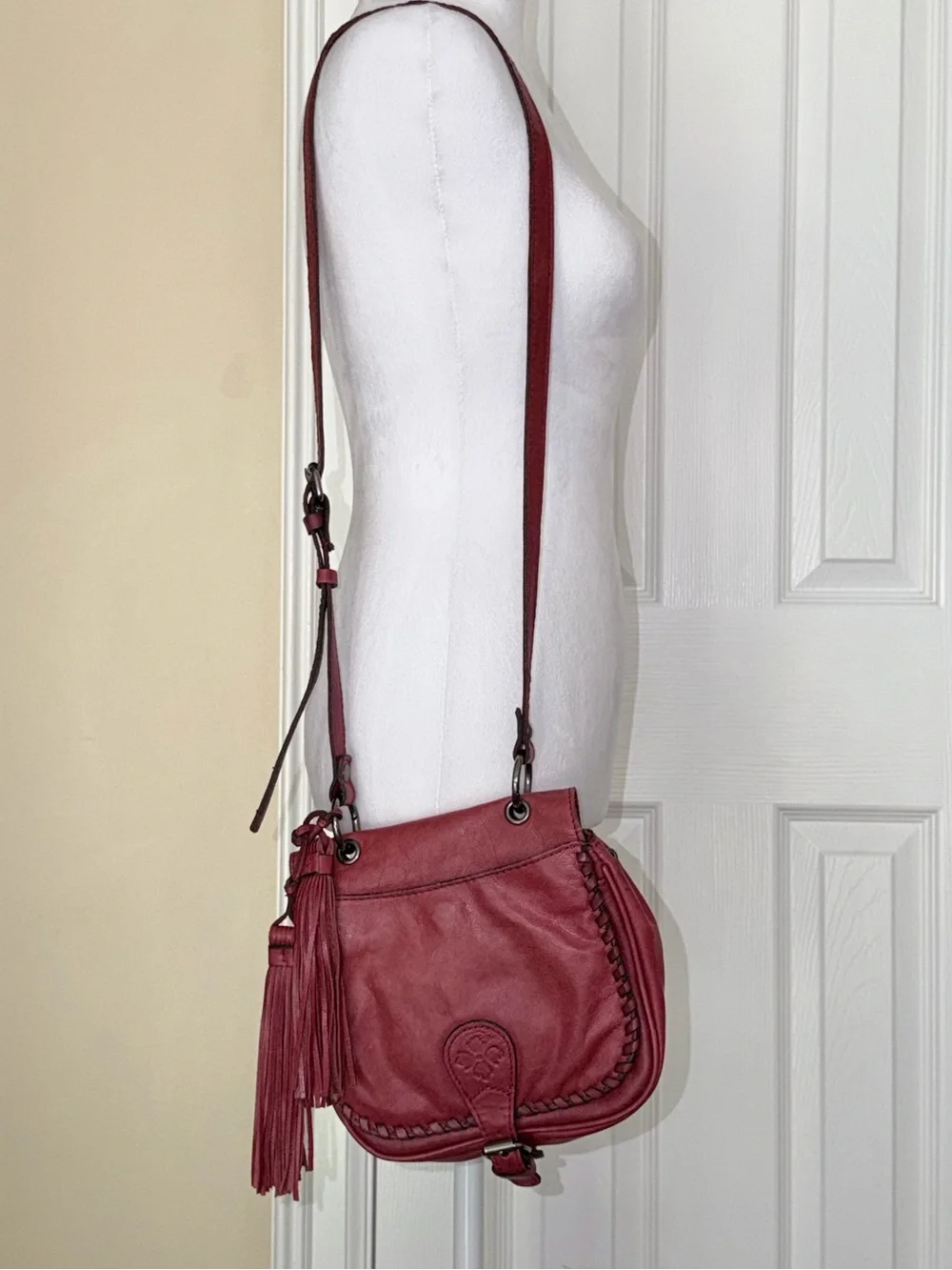 Patricia Nash Karis Leather Whipstitch Saddle Bag in a rich red/berry